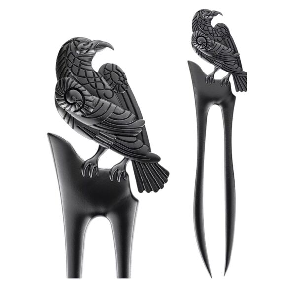 Raven Hair Prong Styling Pins Black Wicca Witch Stick Whimsical Goth Bird Crow - Picture 2 of 14